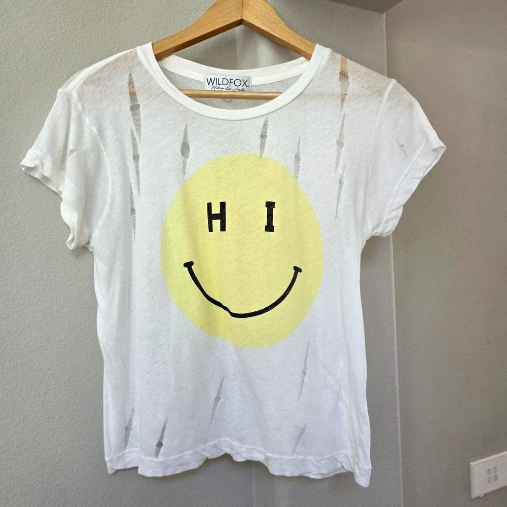 Wildfox Graphic Tee Womens XS White Smiley Face HI Distressed Short Sleeve Shirt